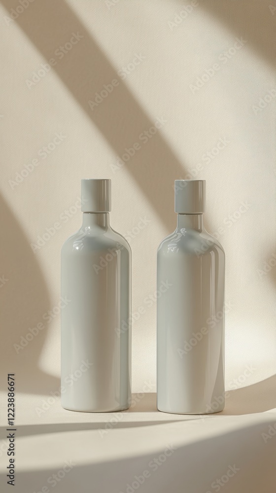Poster elegant white bottles casting soft shadows on a minimalist background