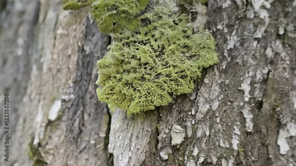 Poster zoom in video on the intricate patterns of lichen growing on ancient stones and the rough texture of