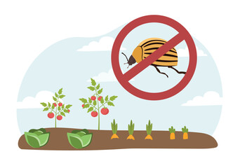 Illustration of a vegetable garden with tomatoes, cabbages, and carrots, showing a striped beetle crossed out in red, symbolizing pest control. Vector illustration