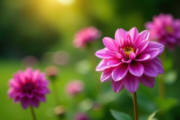 Soft focus garden scene featuring Little Robert Dahlias, purple, pink, botanical