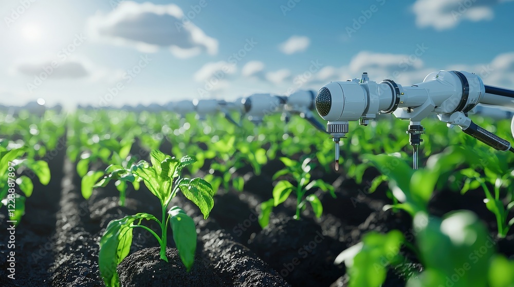 Poster a futuristic farm with automated biotech processes.