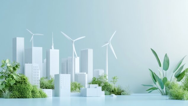 Sustainable city thrives amidst lush greenery and wind turbines