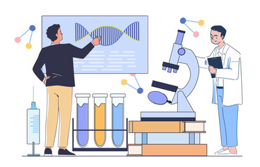 Two scientists in a laboratory setting with DNA diagrams, microscope, and test tubes on a white background. Concept of genetics and research. Flat line art vector illustration