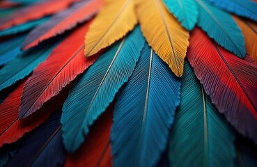 Obraz premium Colorful vibrant feathers create abstract design. Closeup view shows intricate texture, pattern. Multiple colors combine in decorative display. Soft fluffy texture striking. Rich color palette makes