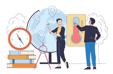 People exploring geography with a globe, compass, and thermometer on a white background. Creative style, educational learning concept. Flat cartoon vector illustration