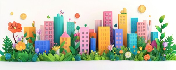Vibrant cityscape nestled amongst lush blooming flowers and greenery