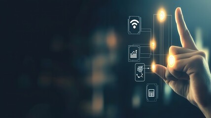 A hand interacts with digital icons representing technology, data analytics, and connectivity against a dark background.