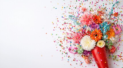 Colorful flower bouquet celebration; confetti background; festive; greeting card design