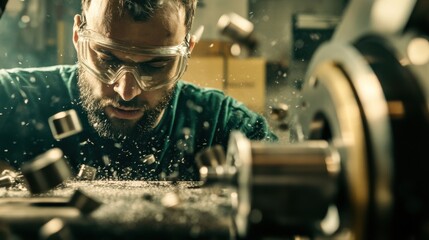 A close-up of a machinist in safety goggles operating a lathe machine in a bustling metal fabrication shop, surrounded by metal shavings and parts, Metal fabrication shop scene