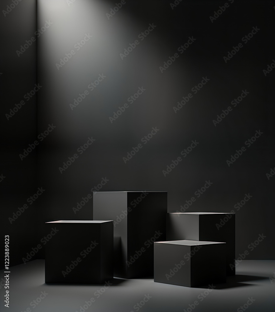 Poster dark studio setting features black product display stands. spotlight illuminates modern presentation