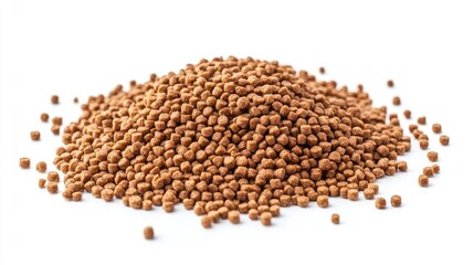 A heap of crunchy dog food pellets, evenly spaced on a white background, perfect for pet product displays