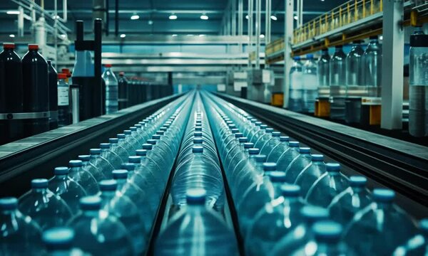 Rows Of Clear Plastic Water Bottles On A Conveyor Belt In A Modern Factory
