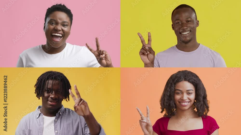 Aufkleber a group of four people from diverse backgrounds showcases various emotions through gestures against 