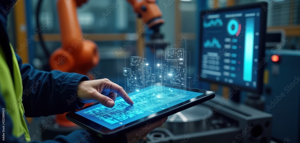Poster Engineer uses tablet to monitor machine in real-time. Generative AI tech is in the system. Monitoring system shows circuit boards. Industrial setting with robots. Advanced tech for production.