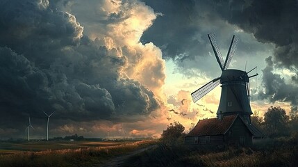 A juxtaposition of a modern wind turbine and a traditional windmill under a dramatic cloudy sky, highlighting past and future