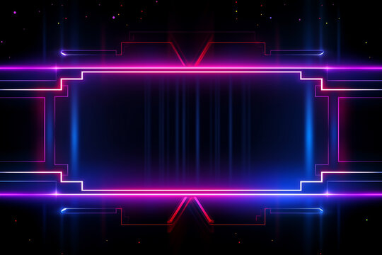 Neon Lichter in Linien mit strahlenden Lichteffekten auf dunklem schwarzem Hintergrund. Querformat. Generative AI.
