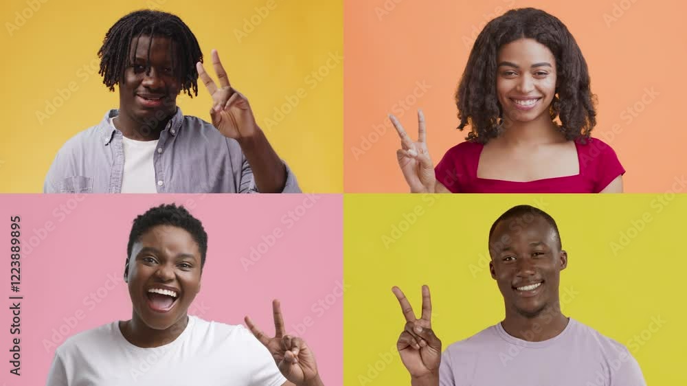 Poster A vibrant collection of four individuals showcasing various emotions and gestures against bright backgrounds. Each person displays unique expressions, symbolizing diversity and unity.
