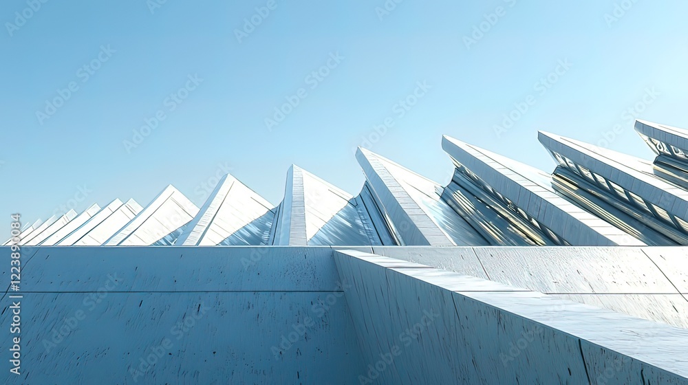 Poster abstract futuristic architecture design with sleek white concrete and glass structures against a cle