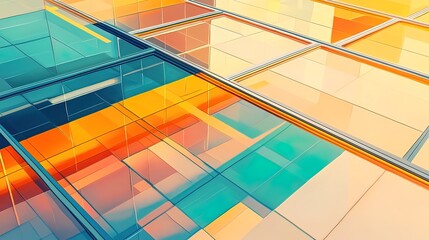 Fototapeta premium Abstract colorful glass architecture with geometric patterns and reflections.