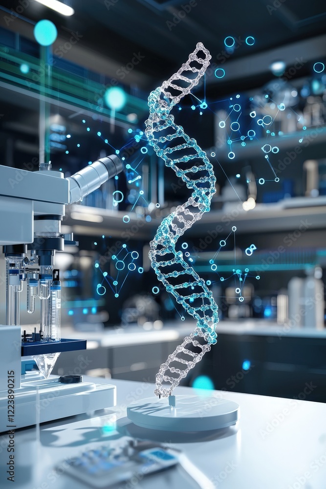 Poster a futuristic lab showcasing real-time dna sequencing tools.