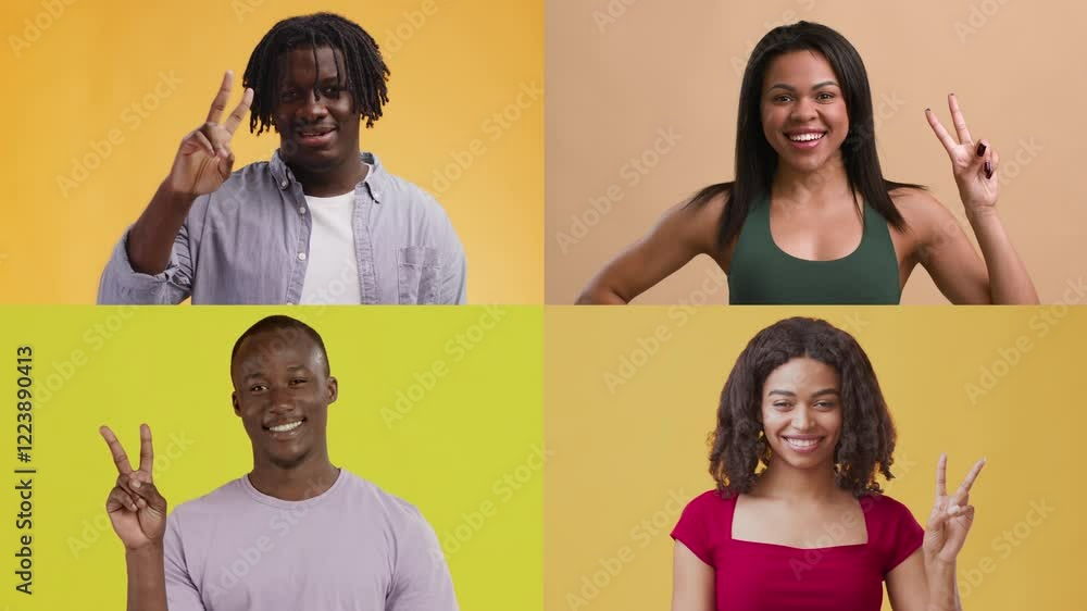 Poster a collection of four multiracial individuals showcasing a variety of gestures and facial expressions
