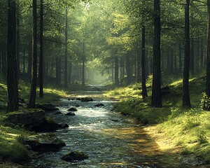 Obraz premium Sunlit stream flowing through a misty forest.