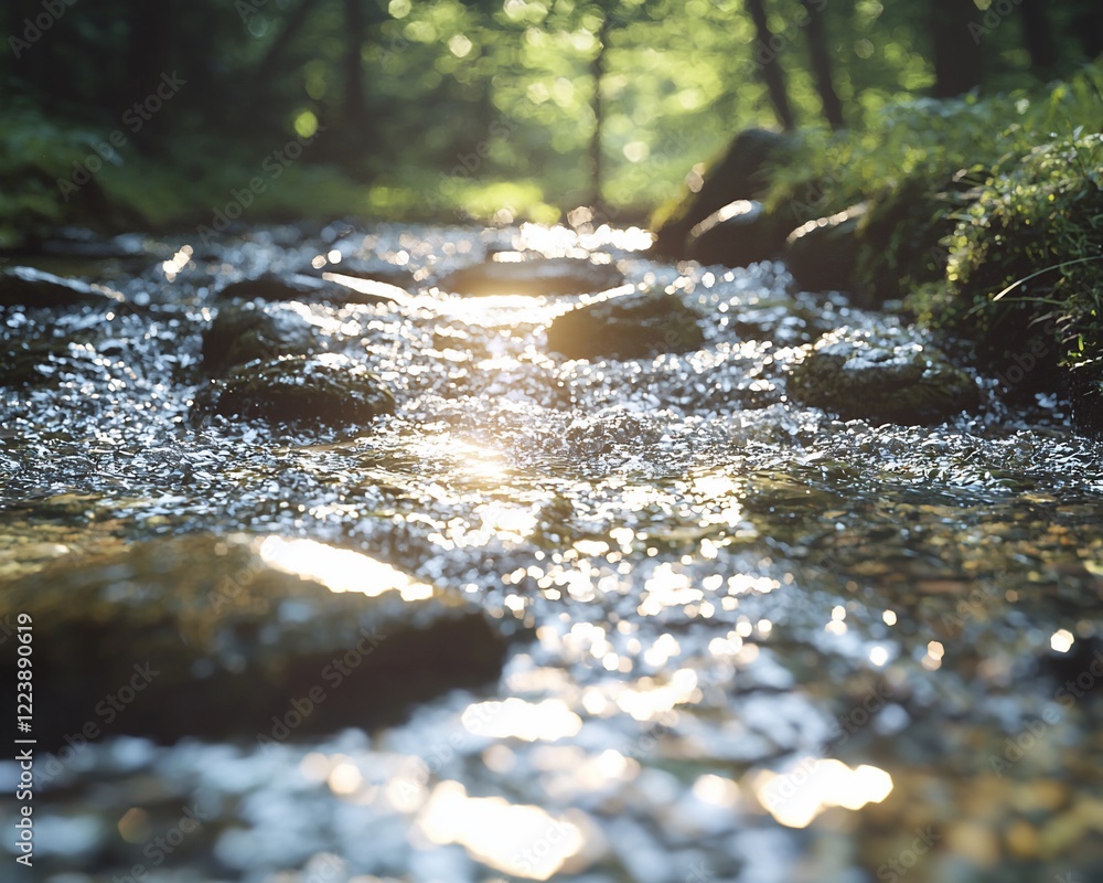 Aufkleber sunlit stream flowing over rocks in forest.