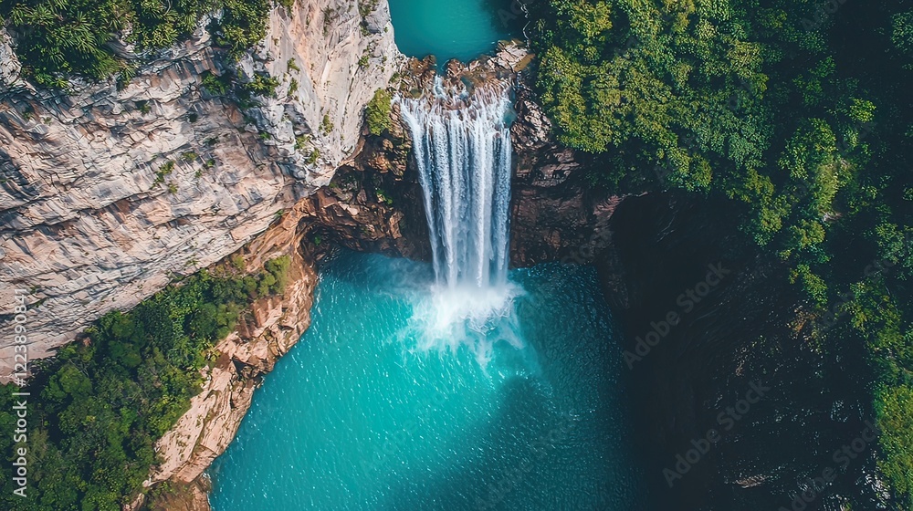 Poster aerial view of a lush green waterfall cascading into a vibrant turquoise pool surrounded by cliffs a