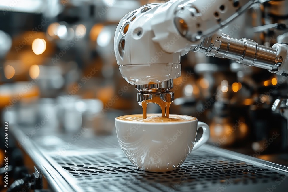 Poster innovative ai-powered robotic arm precisely pouring coffee into a cup for efficiency and precision i