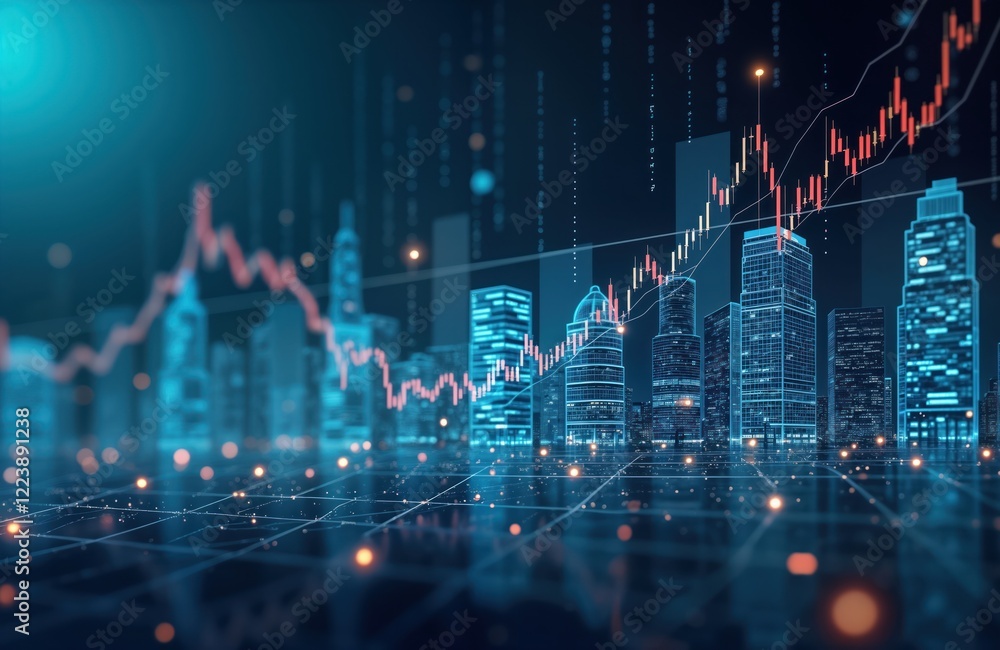 Poster digital graph chart shows growth in stock market. city skyline appears as tech interface. investment