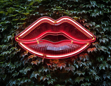 Luz de neon en forma de labios con luz roja en pared de hiedra