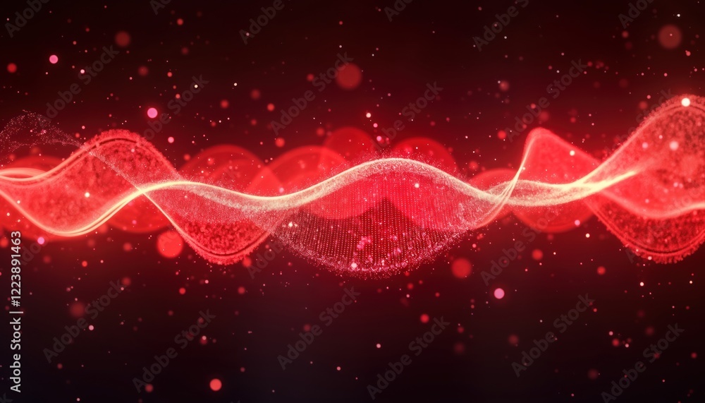 Poster Red energy wave design with glowing particles. Abstract illustration of energy concept in dark space. Generative art illustration evokes dynamic movement, heat. Red wave design could used for various