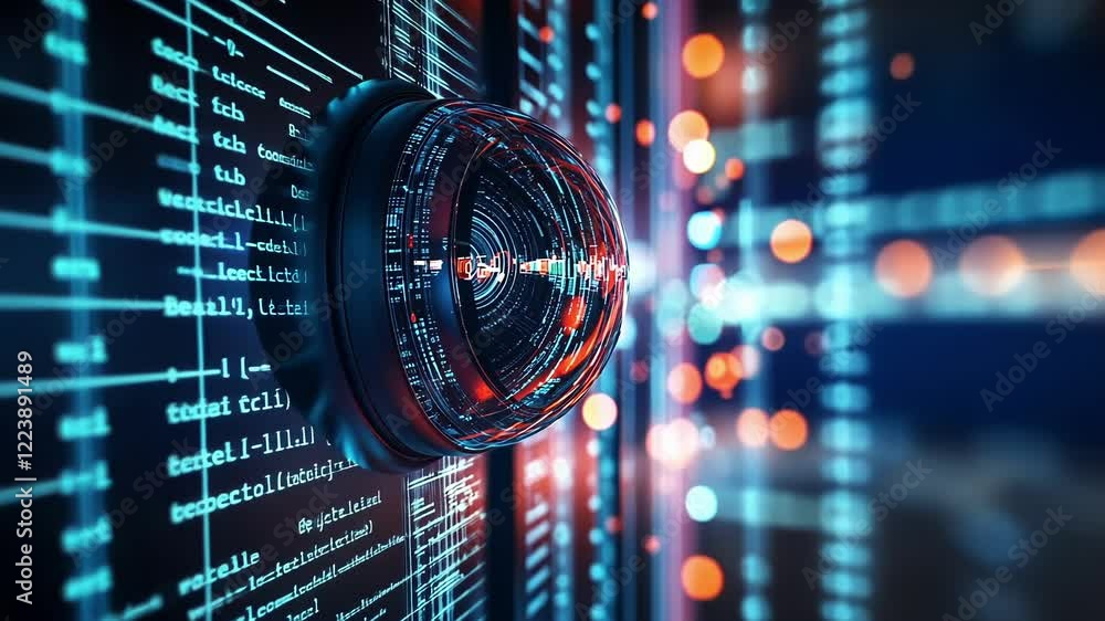 Aufkleber futuristic security camera recording streams of binary code displayed on a screen within a server ro