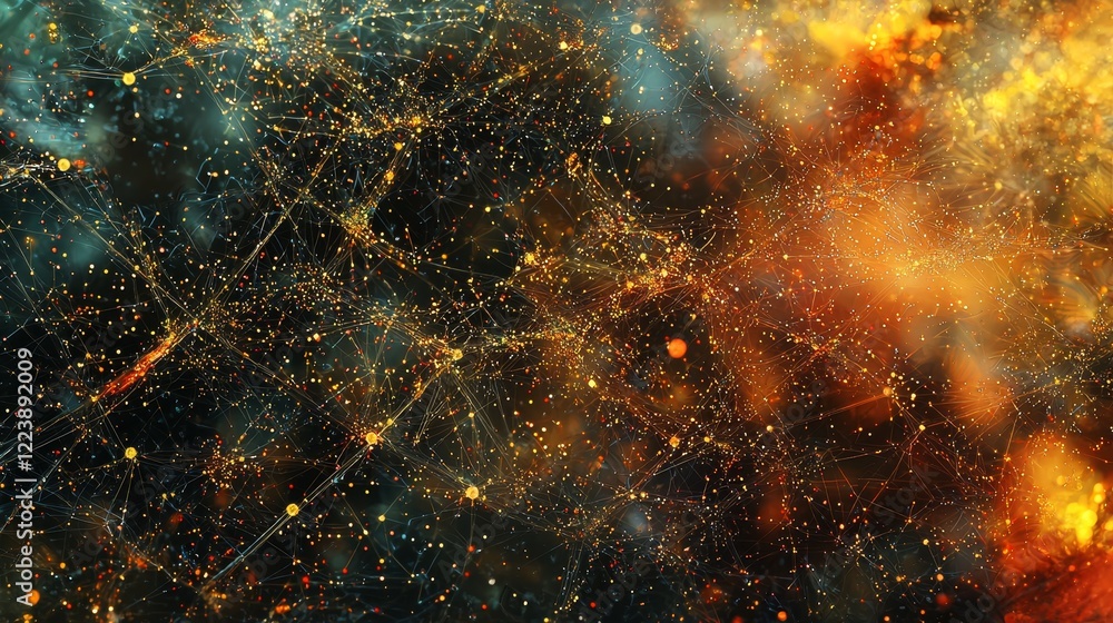 Poster abstract digital worlds with glowing particles and dynamic color patterns