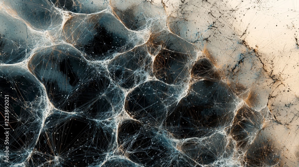 Poster abstract digital worlds with intricate web-like structures and textures