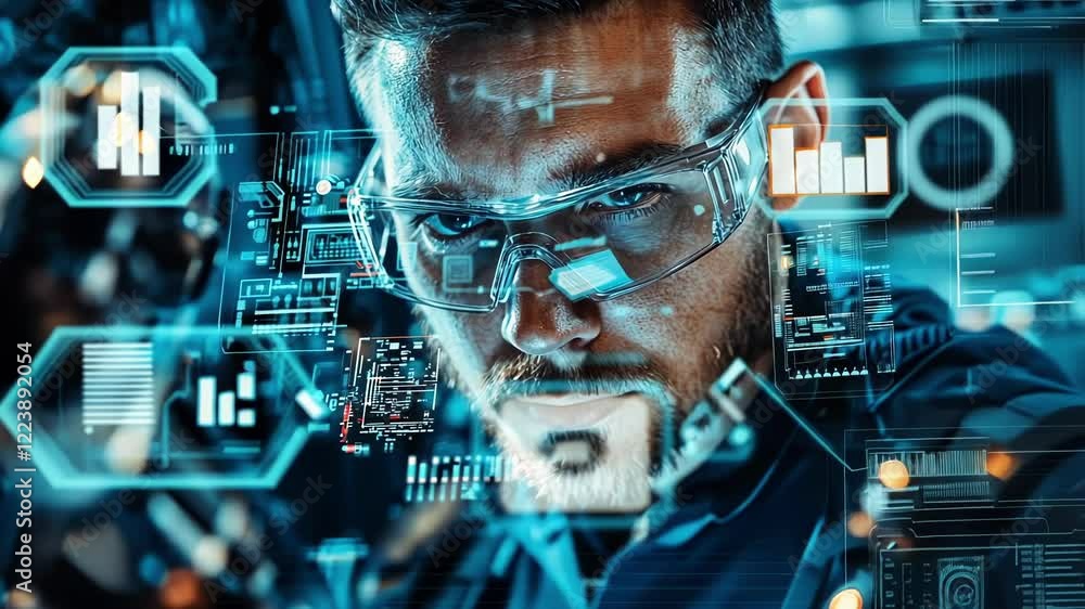 Poster industrial engineer wearing safety glasses is working with futuristic holographic interface showing 
