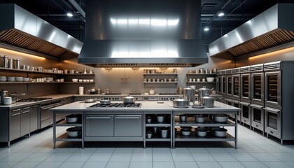 Empty pro kitchen with shiny stainless steel equipment. Modern industrial style. Professional cooking appliances. Interior view of commercial kitchen. Empty space. Clean, organized. Lots of shelves,