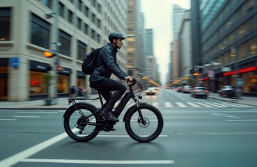 Man rides electric bike in city bike lane. Urban commute on sunny day. Fast speed motion blurred background. Modern transportation, eco-friendly lifestyle. Active healthy urban lifestyle. Modern