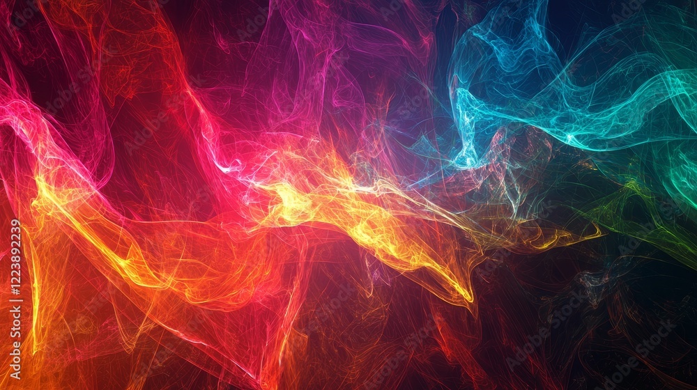 Poster colorful abstract visualization of tech concepts with fluid motion and light effects