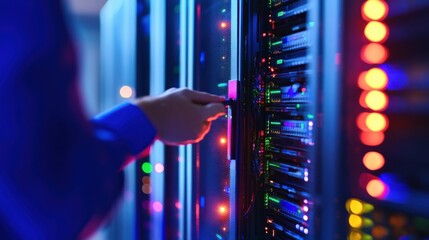 A close-up of a maintenance engineer in a data center checking server racks and network connections, with rows of servers and blinking lights in the background, Data center maintenance scene