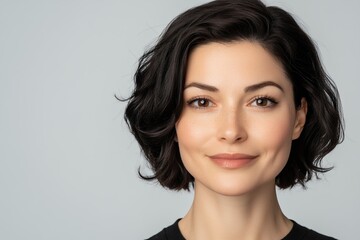 Naklejka premium Confident Woman with Short Dark Curly Hair in a Studio Portrait Setting