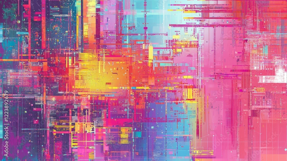 Poster digital tapestry of technology connections in vibrant colorful patterns