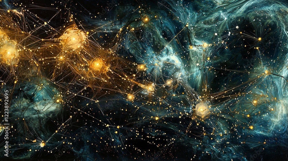 Poster distinctive high-tech network design with abstract space elements and colors