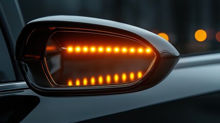 Close-up of a car's side mirror with illuminated amber turn signal lights.