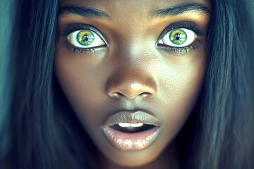 Long haircut - straight hair. Gorgeous very shocked black girl - for ads, magazine ad and internet marketing use. Commercial digital ads visual idea. Stunning black concept. Chic black model.