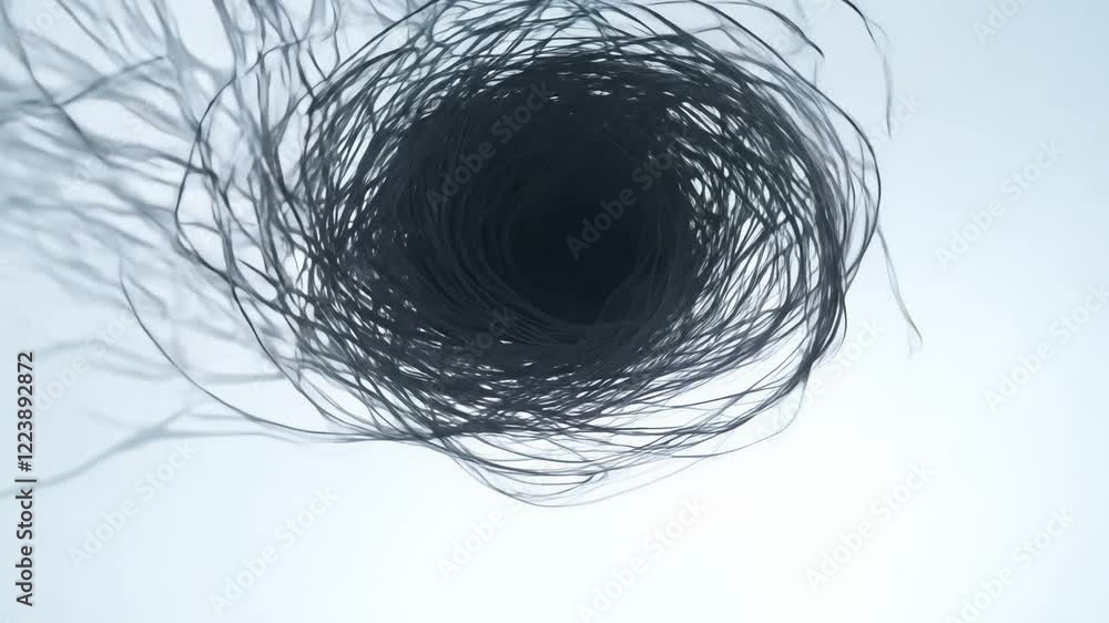 Poster establishing 360-degree video, camera spins to reveal dark, tangled threads against a bright white v