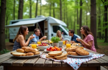 Happy group having picnic lunch in forest beside RV. People eat bread fruit, juice. Forest scenery nature. Summer vacation. Family outdoor activity. Relaxing leisure time. Healthy food. Camping trip.
