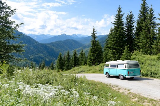 Mountain road trip; van drives scenic route