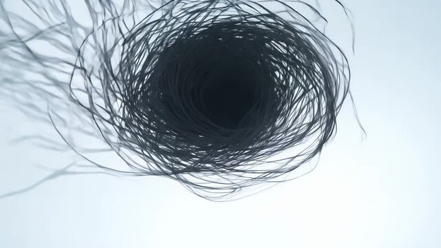 Establishing 360-degree video, camera spins to reveal dark, tangled threads against a bright white void, the threads writhe and twist in abstract patterns