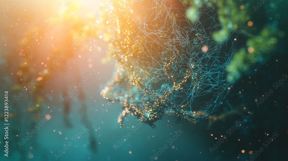 Poster futuristic visualization of interlinked networks with glowing particles and light
